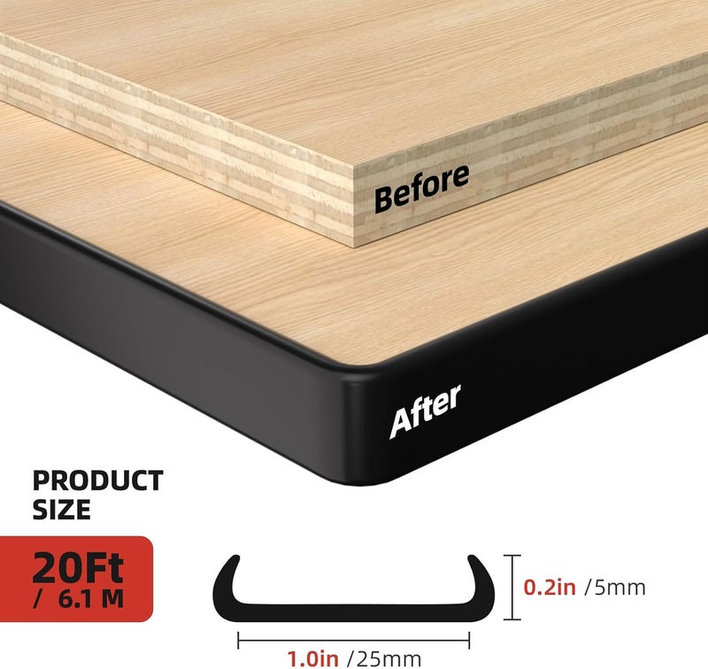 Orgthin U-Shape Edge Banding, 1 inch x 20ft Edge TPE Self Adhesive Veneer Edging Trim Flexible Edge Protector, Strip for Countertop Cabinets Table Restoration Shelves, Black - Image 3